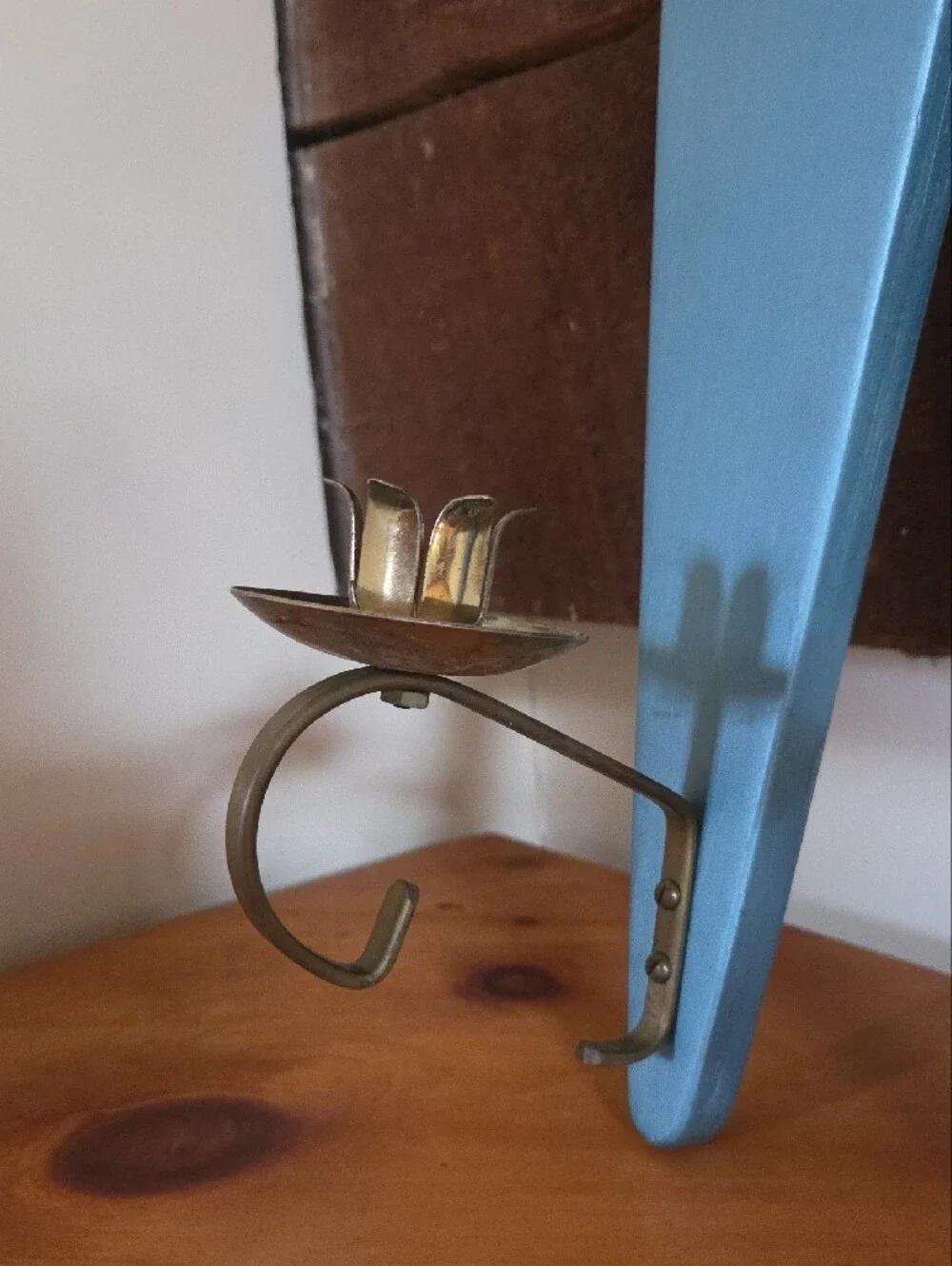 Set Of Mid- Century Vintage Blue Wooden Wall Sconce with Brass Candle Holders